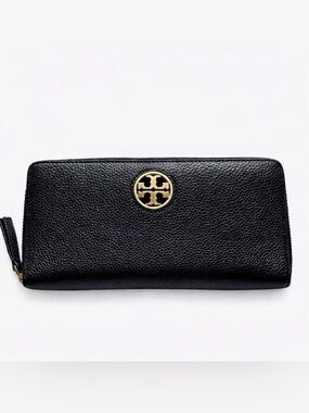 TORY BURCH Carson Pebble Leather Zip Continental Wallet, Black